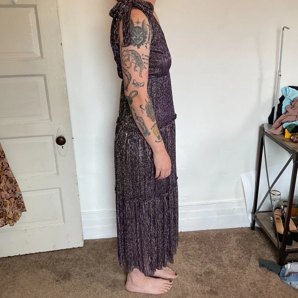 Sabrina Musayev Dress Shimmer Tiered‎ Black Elegant Maxi Metallic Designer Small
